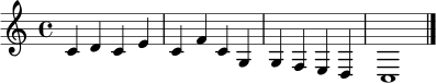 \relative c' {
\clef treble
\key c \major
\time 4/4
c4 d c e | c f c g | g f e d | c1 \bar "|."
}