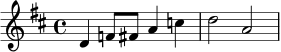 \relative c' {
\key d \major
\time 4/4
d4 f8 fis a4 c |
d2 a2 |
}