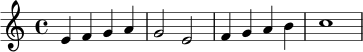 
\relative c' {
\key c \major
\time 4/4
e4 f g a |
g2 e |
f4 g a b |
c1
}
