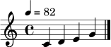 
\relative c' { \tempo 4 = 82 \clef treble \key c \major \time 4/4 c4 d e g \bar "|." }

