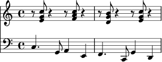\version "2.24.0"
<<
\new Staff \relative c' {
\key c \major
\time 4/4
r8 <e g c>8 r4 r8 <f a c>8 r4 |
r8 <d g b>8 r4 r8 <e g c>8 r4 |
}
\new Staff \relative c {
\clef bass
\key c \major
\time 4/4
c4. g8 a4 e |
f4. c8 g'4 d |
}
>>