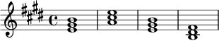 
\relative c' {
  \key e \major
  \time 4/4
  <e gis b>1 |
  <a cis e>1 |
  <e gis b>1 |
  <b dis fis>1 |
}
