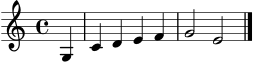 \version "2.24.0"
\score {
\new Staff \relative c' {
\clef treble
\key c \major
\time 4/4
\partial 4 g4 | c4 d4 e4 f4 | g2 e2 \bar "|."
}
\layout { }
\midi { \tempo 4 = 92 }
}
