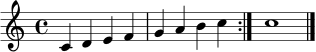 \relative c' { \clef treble \key c \major \time 4/4 \repeat volta 2 { c4 d e f | g a b c | } c1 \bar "|." }