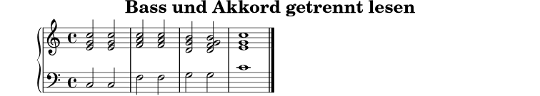 
\version "2.22.0"
\header { title = "Bass und Akkord getrennt lesen" tagline = ##f }
\score {
  \new PianoStaff <<
    \new Staff \relative c' {
      \clef treble
      \key c \major
      \time 4/4
      <e g c>2 <e g c>
      <f a c>2 <f a c>
      <d g b>2 <d f g b>
      <e g c>1
      \bar "|."
    }
    \new Staff \relative c {
      \clef bass
      \key c \major
      c2 c
      f f
      g g
      c1
      \bar "|."
    }
  >>
  \layout { }
  \midi { \tempo 4 = 84 }
}
