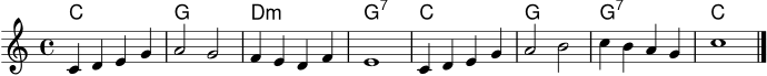 \version "2.22.1"
melodie = \relative c' {
\clef treble
\key c \major
\time 4/4
c4 d e g | a2 g | f4 e d f | e1 |
c4 d e g | a2 b | c4 b a g | c1 \bar "|."
}
akkorde = \chordmode {
c1 | g1 | d1:m | g1:7 |
c1 | g1 | g1:7 | c1
}
\score {
<<
\new ChordNames \akkorde
\new Staff \melodie
>>
\layout { }
\midi { \tempo 4 = 84 }
}