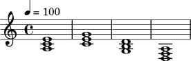 \relative c' {
\key a \minor
\time 4/4
\tempo 4 = 100
<a c e>1 |
<c e g>1 |
<g b d>1 |
<d f a>1 |
}
