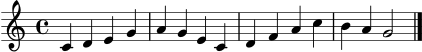 
\version "2.22.0"
\language "deutsch"
\score {
  \new Staff { \clef treble \time 4/4 c'4 d' e' g' a' g' e' c' d' f' a' c'' h' a' g'2 \bar "|." }
  \layout { }
  \midi { \tempo 4 = 92 }
}
