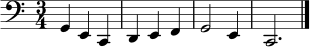 
\relative c { \clef bass \time 3/4 \key c \major \set Staff.midiInstrument = "cello" g4 e c | d e f | g2 e4 | c2. \bar "|." }
