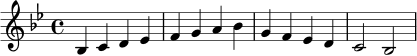 \relative c' {
\time 4/4
\key bes \major
bes4 c d ees | f g a bes |
g4 f ees d | c2 bes2
}
