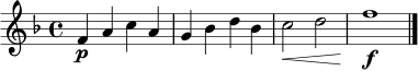 \relative c' {
\key f \major
\time 4/4
f4\p a c a | g4 bes d bes | c2\< d2 | f1\f \bar "|."
}