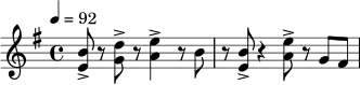 \relative c' {
\key e \minor
\time 4/4
\tempo 4 = 92
<e b'>8-> r8 <g d'>8-> r8 <a e'>4-> r8 b8 |
r8 <e, b'>8-> r4 <a e'>8-> r8 g8 fis8 |
}