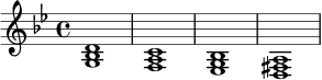 \relative c' {
\key g \minor
\time 4/4
<g bes d>1 |
<f a c>1 |
<ees g bes>1 |
<d fis a>1 |
}