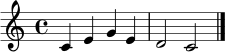 \relative c' {
\key c \major
\time 4/4
c4 e g e | d2 c2 \bar "|."
}