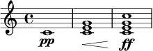 \relative c' {
\time 4/4
c1\pp |
<c e g>1\< |
<c e g c>1\ff
}