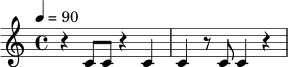 \relative c' {
\time 4/4
\tempo 4 = 90
r4 c8 c8 r4 c4 |
c4 r8 c8 c4 r4 |
}