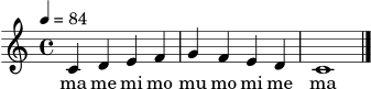 \version "2.24.1"
\score {
<<
\new Staff {
\clef treble
\time 4/4
\tempo 4 = 84
\relative c' {
c4 d e f | g f e d | c1 \bar "|."
}
}
\addlyrics { ma me mi mo mu mo mi me ma }
>>
\layout { }
\midi { }
}