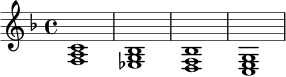 \new Staff {
\key f \major
\time 4/4
<f a c'>1 |
<ees g bes>1 |
<bes d f>1 |
<c e g>1 |
}