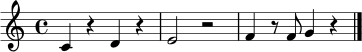 \relative c' {
\clef treble
\time 4/4
c4 r d r | e2 r2 | f4 r8 f g4 r \bar "|."
}