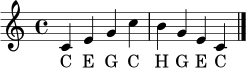 \language "deutsch"
\relative c' {
\clef treble
\time 4/4
c4 e g c
h g e c
\bar "|."
}
\addlyrics { C E G C H G E C }