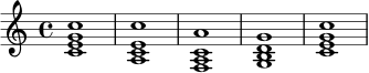 \relative c' {
\key c \major
\time 4/4
<c e g c>1 |
<a c e c'>1 |
<f a c a'>1 |
<g b d g>1 |
<c e g c>1
}