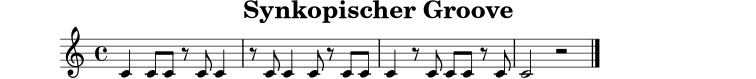 
X:13
T:Synkopischer Groove
M:4/4
L:1/8
K:C
C2 C C z C C2 | z C C2 C z C C | C2 z C C C z C | C4 z4 |]
