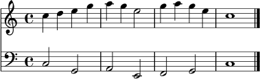 \version "2.22.0"
melodie = \relative c'' {
\clef treble
\key c \major
\time 4/4
c4 d e g | a4 g e2 | g4 a g e | c1 \bar "|."
}
begleitung = \relative c {
\clef bass
\key c \major
\time 4/4
c2 g | a2 e | f2 g | c1 \bar "|."
}
\score {
<<
\new Staff \melodie
\new Staff \begleitung
>>
\layout { }
\midi { \tempo 4 = 90 }
}