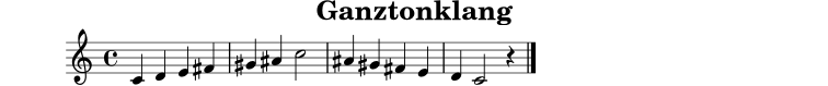 
X:10
T:Ganztonklang
M:4/4
L:1/4
K:C
C D E ^F | ^G ^A c2 | ^A ^G ^F E | D C2 z |]
