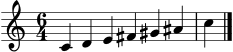 \version "2.22.0"
\language "deutsch"
\header { tagline = "" }
\score {
\new Staff \relative c' {
\clef treble
\time 6/4
c4 d e fis gis ais c
\bar "|."
}
\layout { }
\midi { \tempo 4 = 74 }
}