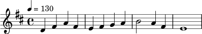 \relative c' {
\key d \major
\time 4/4
\tempo 4 = 130
d4 fis a fis | e4 fis g a | b2 a4 fis | e1
}