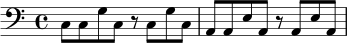 
\relative c {
  \clef bass
  \key c \major
  \time 4/4
  c8 c g' c, r c g' c, |
  a8 a e' a, r a e' a, |
}
