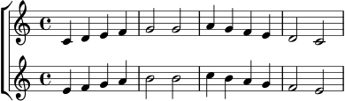 \new ChoirStaff <<
\new Staff {
\relative c' {
\key c \major
\time 4/4
c4 d e f | g2 g | a4 g f e | d2 c
}
}
\new Staff {
\relative c' {
\key c \major
\time 4/4
e4 f g a | b2 b | c4 b a g | f2 e
}
}
>>