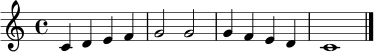 \relative c' {
\clef treble
\time 4/4
c4 d e f | g2 g | g4 f e d | c1 \bar "|."
}