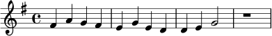\version "2.24.0"
\header { tagline = ##f }
\relative c' {
\key g \major
\time 4/4
fis4 a g fis | e4 g e d | d4 e g2 | r1
}