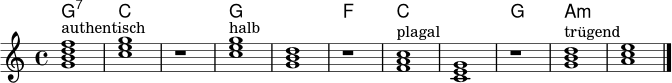 
<<
  \new ChordNames \chordmode {
    g1:7 c s g s f c s g a:m
  }
  \new Staff {
    \key c \major
    \time 4/4
    <g' b' d'' f''>1^\markup { authentisch } | <c'' e'' g''> | r1 |
    <c'' e'' g''>^\markup { halb } | <g' b' d''> | r1 |
    <f' a' c''>^\markup { plagal } | <c' e' g'> | r1 |
    <g' b' d''>^\markup { trügend } | <a' c'' e''> \bar "|."
  }
>>

