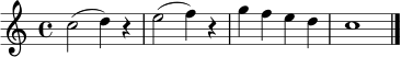 \relative c'' { \time 4/4 c2( d4) r | e2( f4) r | g4 f e d | c1 \bar "|." }
