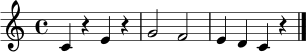 \relative c' { \clef treble \time 4/4 c4 r e r | g2 f | e4 d c r | \bar "|." }