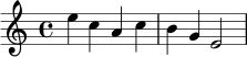 \relative c'' { \clef treble \key a \minor \time 4/4 e4 c a c | b g e2 | }