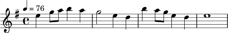 \relative c'' {
\tempo 4 = 76
\key e \minor
\time 4/4
e4 g8 a b4 a |
g2 e4 d |
b'4 a8 g e4 d |
e1
}