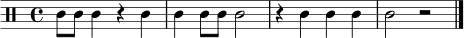 
\relative c' {
  \clef percussion
  \time 4/4
  c8 c c4 r4 c | c4 c8 c c2 | r4 c c c | c2 r2 \bar "|."
}
