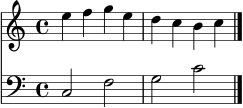 \score {
<<
\new Staff \relative c'' { \time 4/4 \key c \major
e4 f g e | d4 c b c \bar "|." }
\new Staff \relative c { \clef bass \time 4/4 \key c \major
c2 f | g2 c \bar "|." }
>>
\layout {}
\midi {}
}