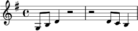
\relative c' {
  \key g \major
  \time 4/4
  g8 b d4 r2 |
  r2 d8 c b4 |
}
