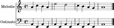 \version "2.24.0"
\score {
<<
\new Staff \with { instrumentName = "Melodie" midiInstrument = "violin" } \relative c'' { \time 4/4 \key a \minor a4 c b a | e'2 d | c4 b a g | a1 \bar "|." }
\new Staff \with { instrumentName = "Ostinato" midiInstrument = "acoustic bass" } \relative c { \clef bass \time 4/4 \key a \minor a4 e a e | a e a e | a e a e | a1 \bar "|." }
>>
\layout {}
\midi {}
}