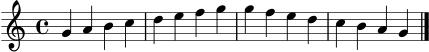 \version "2.22.0"
\language "deutsch"
\header { tagline = "" }
\score {
\new Staff \relative g' {
\clef treble
\time 4/4
g4 a h c
d e f g
g f e d
c h a g
\bar "|."
}
\layout { }
\midi { \tempo 4 = 82 }
}