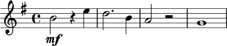 \relative e'' {
\key e \minor
\time 4/4
b2\mf r4 e4 |
d2. b4 |
a2 r2 |
g1\> |
}