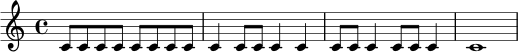 \relative c' {
\time 4/4
c8 c c c c c c c | c4 c8 c c4 c | c8 c c4 c8 c c4 | c1
}