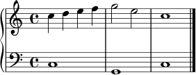 \score {
\new PianoStaff <<
\new Staff = "oben" \relative c'' { \key c \major \time 4/4 c4 d e f | g2 e | c1 \bar "|." }
\new Staff = "unten" \relative c { \clef bass c1 | g1 | c1 \bar "|." }
>>
\layout { }
\midi { }
}