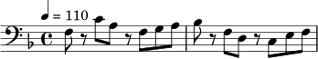 \relative c {
\clef bass
\key f \major
\time 4/4
\tempo 4 = 110
f8 r c'8 a8 r f8 g8 a8 |
bes8 r f8 d8 r c8 e8 f8 |
}