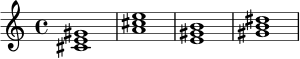 \chordmode {
cis1:m | a1 | e1 | gis1:m |
}