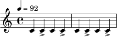 \relative c' {
\time 4/4
\tempo 4 = 92
c4 c-> c c-> |
c4 c-> c c-> |
}